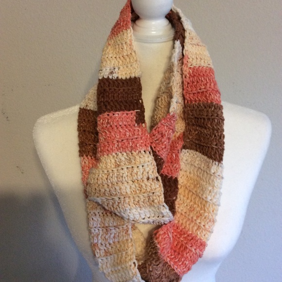 Crochet Scarf Color Coral, Cream and Tan Long Rectangle In One Size - Picture 1 of 4